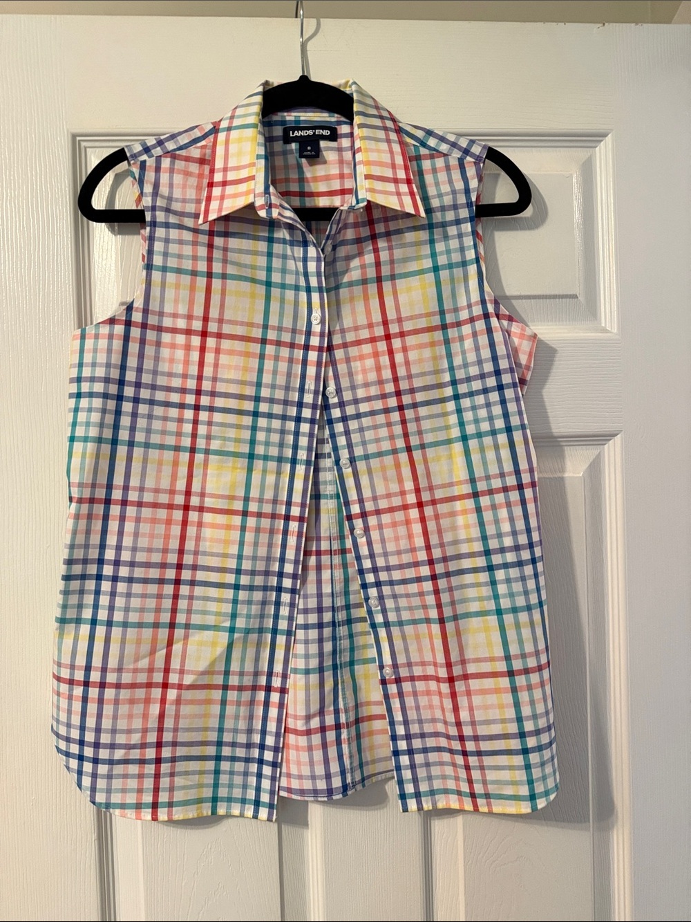 Lands' End Rainbow Plaid Sleeveless Collared Button-Down